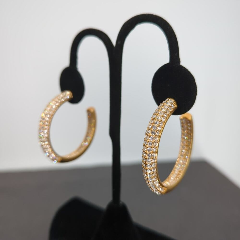 Vintage Gold Tone Triple Row Rhinestone Hoop Earrings Pierced Hollywood Glam